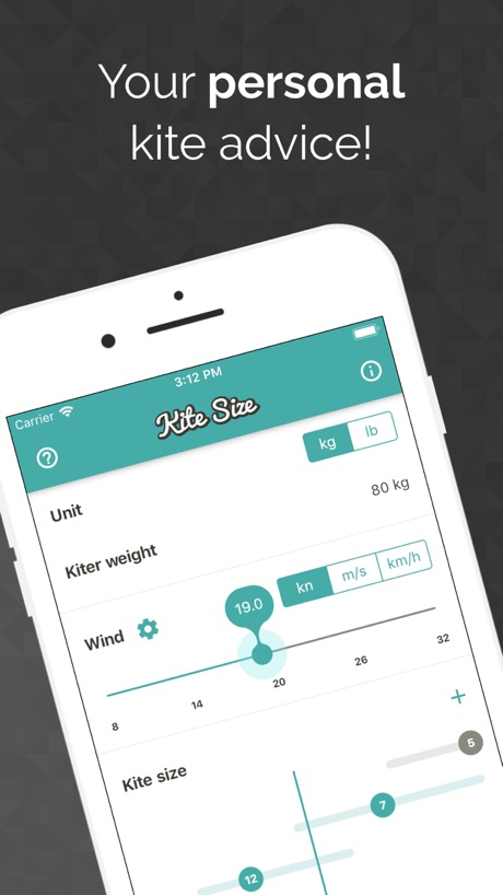 Kite Size Calculator app screenshot